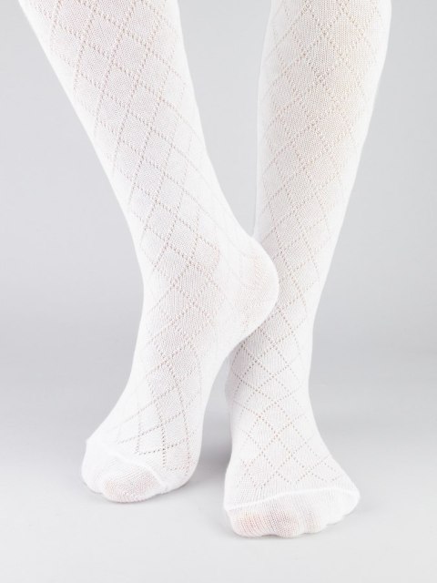 Rajstopy bawełna żakard wzór romby białe 116/122 NOVITI RB010-G-01