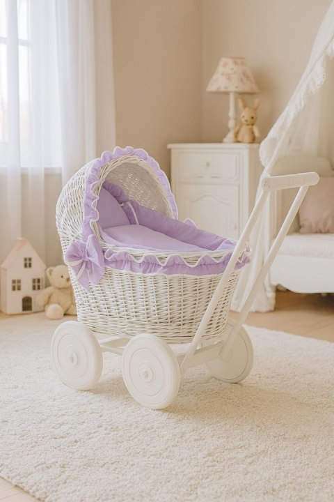 Wiklinowy wózek dla lalek pchacz biały z fioletową pościelką i miękką wyściółką CHIARA