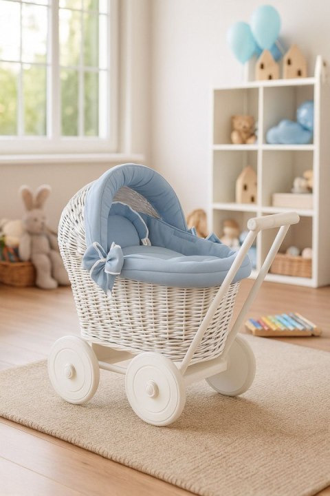 Wiklinowy wózek dla lalek pchacz biały z pościelką brudny niebieski i miękką wyściółką STELLA