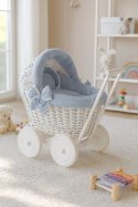 Wiklinowy wózek dla lalek pchacz biały z pościelką brudny niebieski i miękką wyściółką STELLA