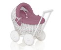 Wiklinowy wózek dla lalek pchacz biały z pościelką róż retro i miękką wyściółką STELLA