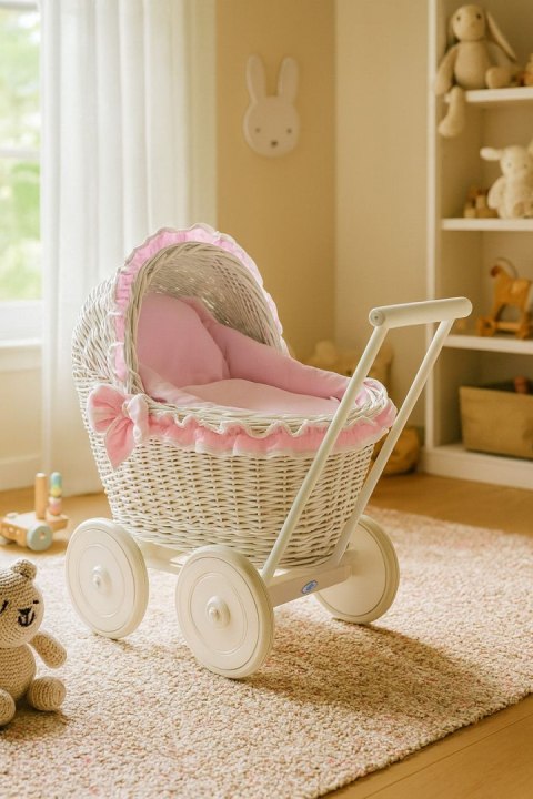 Wiklinowy wózek dla lalek pchacz biały z różową pościelką i miękką wyściółką CHIARA