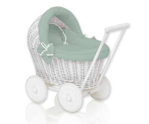 Wiklinowy wózek dla lalek pchacz biały z szałwiową pościelką i miękką wyściółką STELLA