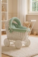 Wiklinowy wózek dla lalek pchacz biały z szałwiową pościelką i miękką wyściółką STELLA