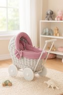 Wiklinowy wózek dla lalek pchacz szary pościelką i miękką wyściółką retro róż