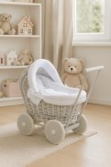 Wiklinowy wózek dla lalek pchacz szary z białą pościelką i miękką wyściółką