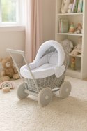 Wiklinowy wózek dla lalek pchacz szary z białą pościelką i miękką wyściółką