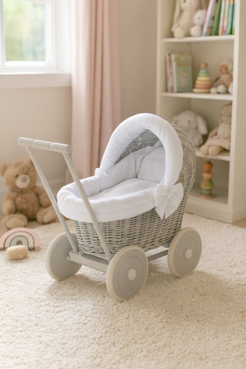 Wiklinowy wózek dla lalek pchacz szary z białą pościelką i miękką wyściółką