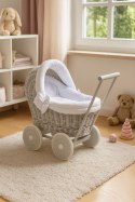 Wiklinowy wózek dla lalek pchacz szary z białą pościelką i miękką wyściółką