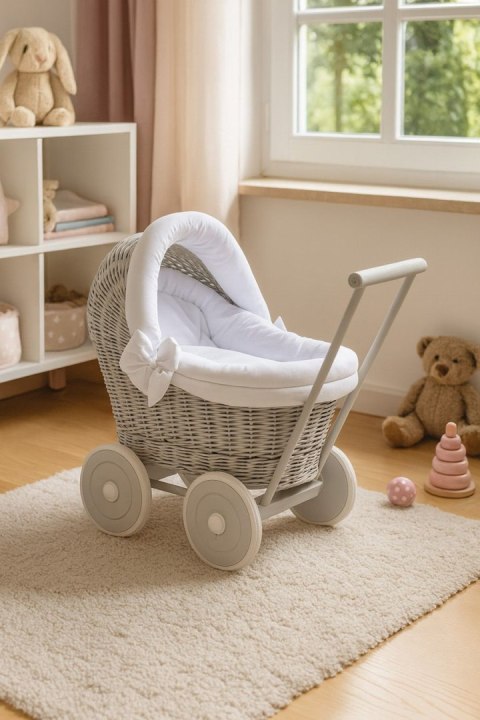 Wiklinowy wózek dla lalek pchacz szary z białą pościelką i miękką wyściółką