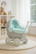 Wiklinowy wózek dla lalek pchacz szary z miętową pościelką i miękką wyściółką
