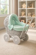 Wiklinowy wózek dla lalek pchacz szary z miętową pościelką i miękką wyściółką