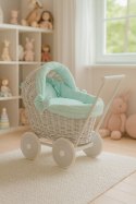 Wiklinowy wózek dla lalek pchacz szary z miętową pościelką i miękką wyściółką