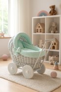 Wiklinowy wózek dla lalek pchacz szary z miętową pościelką i miękką wyściółką