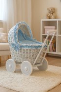 Wiklinowy wózek dla lalek pchacz szary z pościelką i miękką wyściółką brudny niebieski