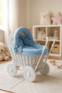 Wiklinowy wózek dla lalek pchacz szary z pościelką i miękką wyściółką brudny niebieski