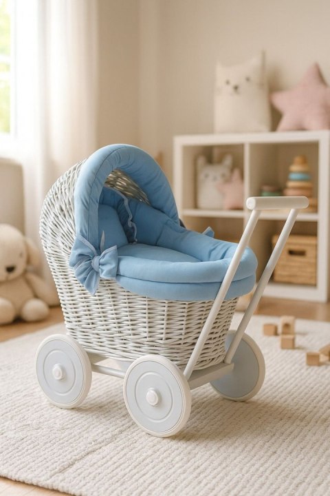 Wiklinowy wózek dla lalek pchacz szary z pościelką i miękką wyściółką brudny niebieski