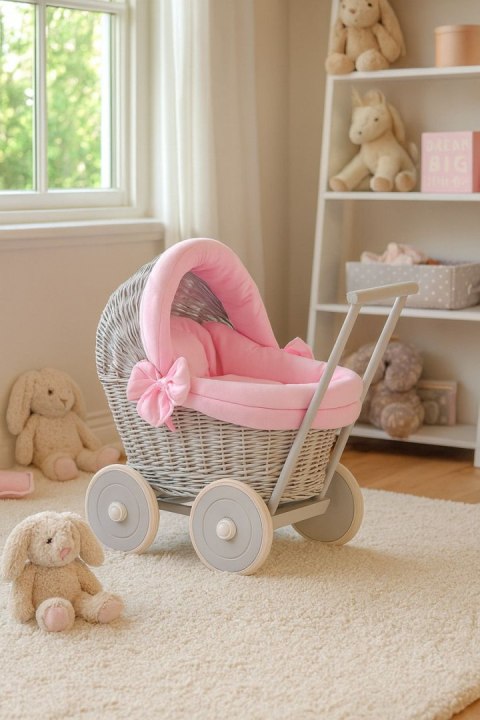 Wiklinowy wózek dla lalek pchacz szary z różową pościelką i miękką wyściółką