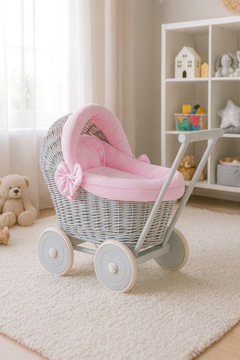 Wiklinowy wózek dla lalek pchacz szary z różową pościelką i miękką wyściółką