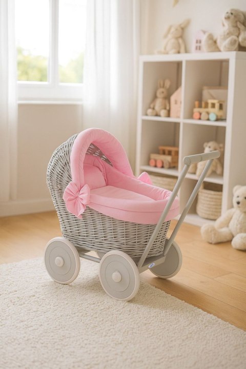 Wiklinowy wózek dla lalek pchacz szary z różową pościelką i miękką wyściółką