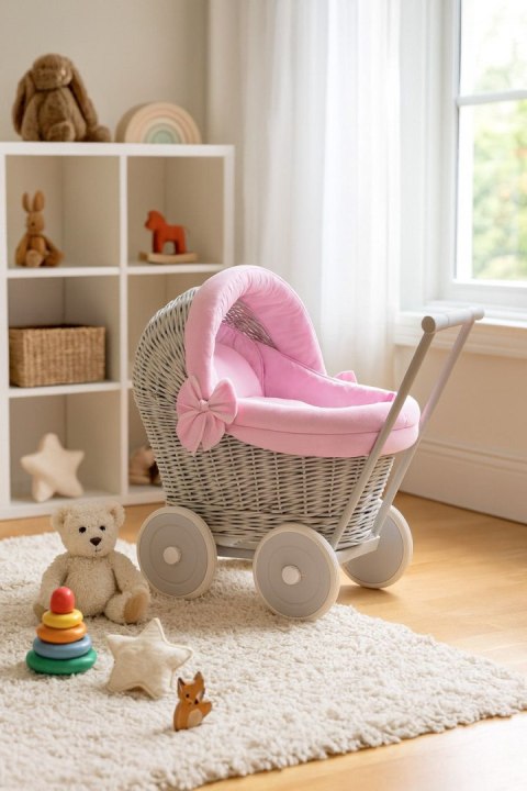 Wiklinowy wózek dla lalek pchacz szary z różową pościelką i miękką wyściółką
