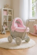 Wiklinowy wózek dla lalek pchacz szary z różową pościelką i miękką wyściółką