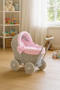 Wiklinowy wózek dla lalek pchacz szary z różową pościelką i miękką wyściółką