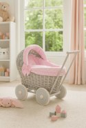 Wiklinowy wózek dla lalek pchacz szary z różową pościelką i miękką wyściółką