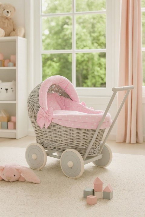 Wiklinowy wózek dla lalek pchacz szary z różową pościelką i miękką wyściółką