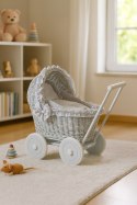 Wiklinowy wózek dla lalek pchacz szary z szarą pościelką i miękką wyściółką