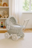 Wiklinowy wózek dla lalek pchacz szary z szarą pościelką i miękką wyściółką