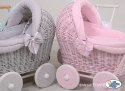 Wiklinowy wózek dla lalek pchacz szary z szarą pościelką i miękką wyściółką