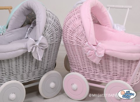 Wiklinowy wózek dla lalek pchacz szary z szarą pościelką i miękką wyściółką