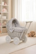 Wiklinowy wózek dla lalek pchacz szary z szarą pościelką i miękką wyściółką