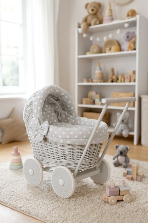 Wiklinowy wózek dla lalek pchacz szary z szarą pościelką i miękką wyściółką