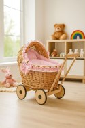 Wiklinowy wózek dla lalek pchacz z różową pościelką i miękką wyściółką CHIARA - naturalny