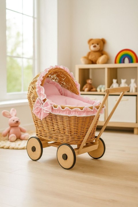 Wiklinowy wózek dla lalek pchacz z różową pościelką i miękką wyściółką CHIARA - naturalny