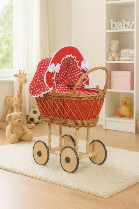 Wiklinowy wózek dla lalek wysoki ażurowy z czerwoną pościelką i wyściółką VERONICA - naturalny