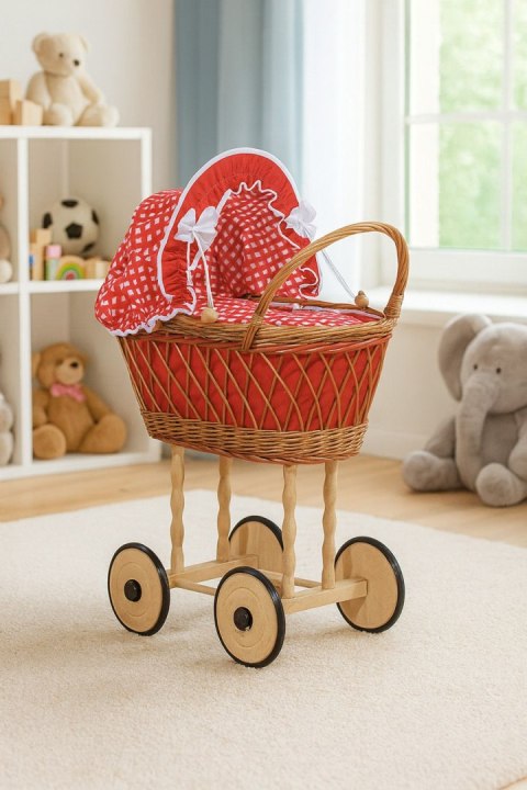 Wiklinowy wózek dla lalek wysoki ażurowy z czerwoną pościelką i wyściółką VERONICA - naturalny
