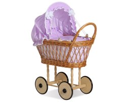 Wiklinowy wózek dla lalek wysoki ażurowy z fioletową pościelką i wyściółką VERONICA - naturalny