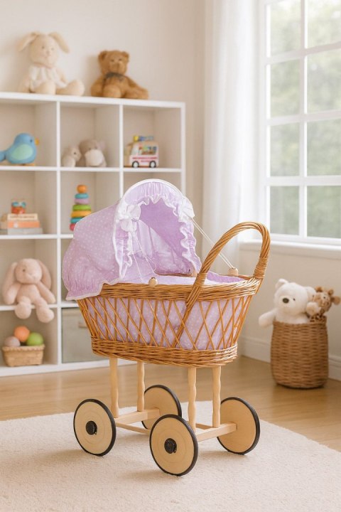 Wiklinowy wózek dla lalek wysoki ażurowy z fioletową pościelką i wyściółką VERONICA - naturalny