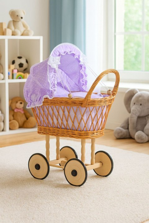 Wiklinowy wózek dla lalek wysoki ażurowy z fioletową pościelką i wyściółką VERONICA - naturalny