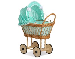 Wiklinowy wózek dla lalek wysoki ażurowy z miętową pościelką i wyściółką VERONICA - naturalny
