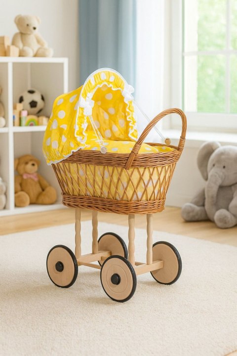 Wiklinowy wózek dla lalek wysoki ażurowy z żółtą pościelką i wyściółką VERONICA - naturalny