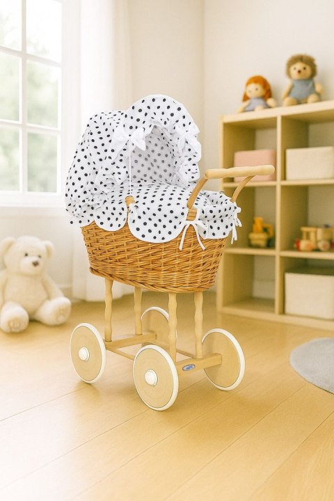 Wiklinowy wózek dla lalek wysoki z biało-czarną pościelką i wyściółką- naturalny
