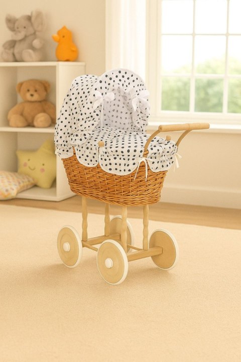Wiklinowy wózek dla lalek wysoki z biało-czarną pościelką i wyściółką- naturalny