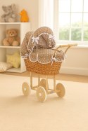 Wiklinowy wózek dla lalek wysoki z brązową pościelką i wyściółką- naturalny