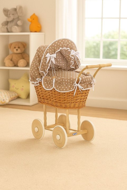 Wiklinowy wózek dla lalek wysoki z brązową pościelką i wyściółką- naturalny