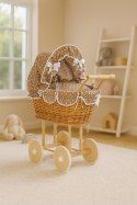 Wiklinowy wózek dla lalek wysoki z brązową pościelką i wyściółką- naturalny