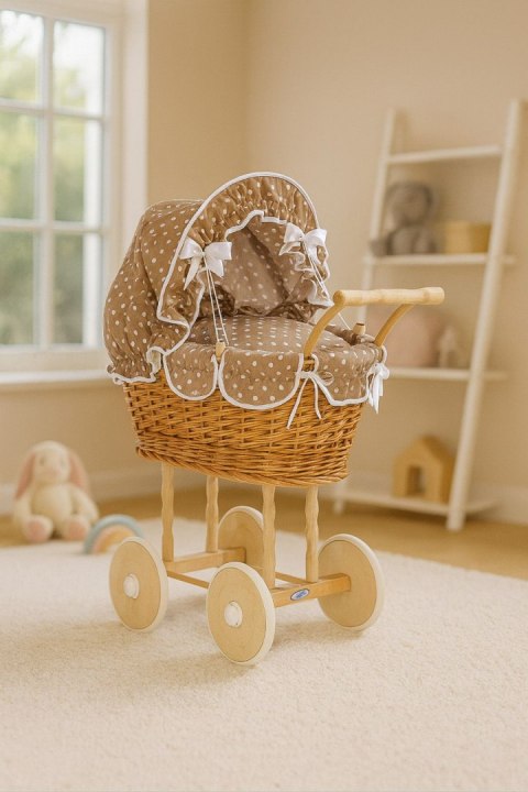 Wiklinowy wózek dla lalek wysoki z brązową pościelką i wyściółką- naturalny